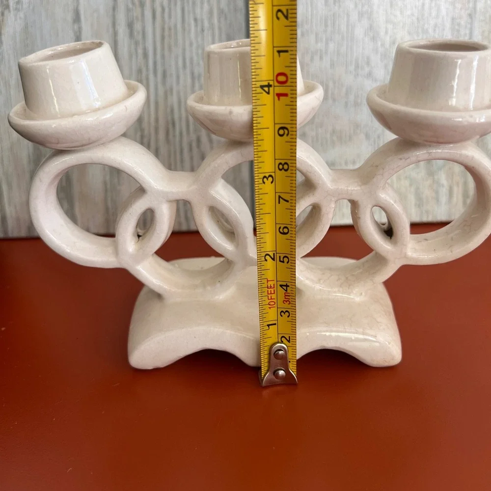 Vintage Japan Ceramic Triple Taper Candle Holder‎ Cream Interlocking Rings 4.5